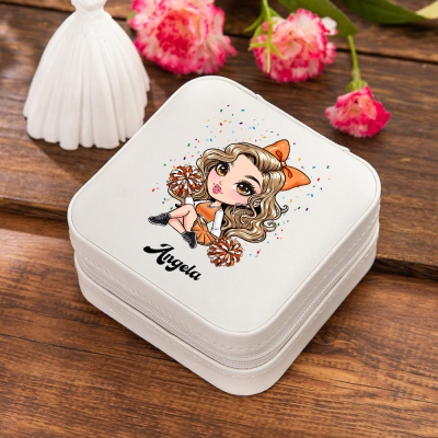 Custom Cartoon Cheerleading Girl Jewelry Box with Name, Travel Leather Jewelry Organizer Box with Multiple Compartments, Gift for Cheerleading Girls