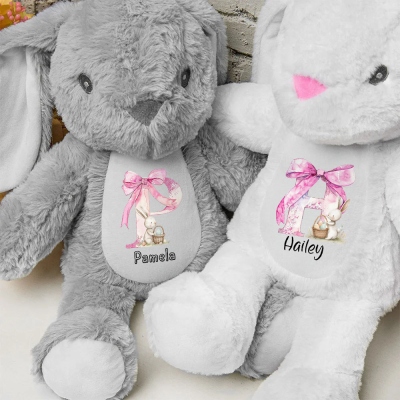 Poupée lapin personnalisée avec nœud rose et nom, peluche douce en forme de lapin, souvenir, décoration de Pâques, cadeau d'anniversaire/de Pâques pour enfants/filles