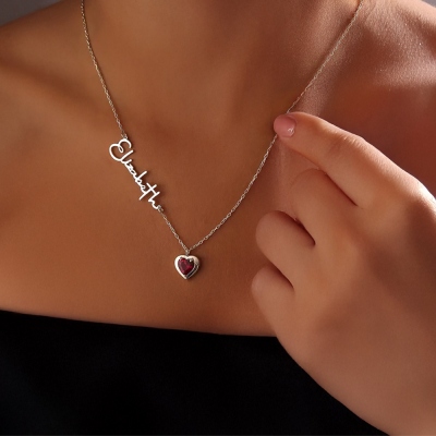 Personalized Sideway Name Necklace with Heart Birthstone, Women's Jewelry, Valentine's Day/Anniversary/Birthday Gift for Wife/Girlfriend/Bestie