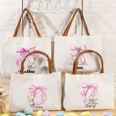 Personalized Pink Bow Initial Bunny Tote Bag with Name, Large Capacity Canvas Handbag with Leather Handle, Birthday/Easter Gift for Her/Women/Girls