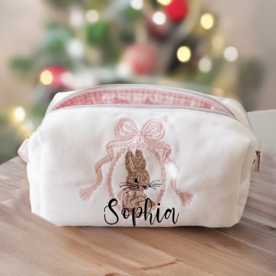 Personalized Embroidered Coquette Bow Rabbit Makeup Bag with Name, Custom Easter Bunny Velvet Cosmetic Bag, Birthday/Easter Gift for Women/Girls