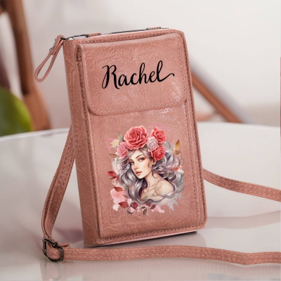 Custom Name Birth Flower Fairy Leather Crossbody Phone Bag, Phone Wallet Purse with Adjustable Strap, Birthday/Mother's Day Gift for Her/Mom/Besties