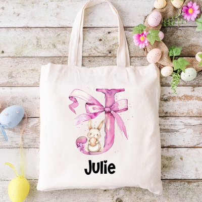 Personalized Pink Bow Initial Bunny Canvas Tote Bag with Name, Large Capacity Handbag with Handle, Birthday/Back to School/Easter Gift for Girls/Women