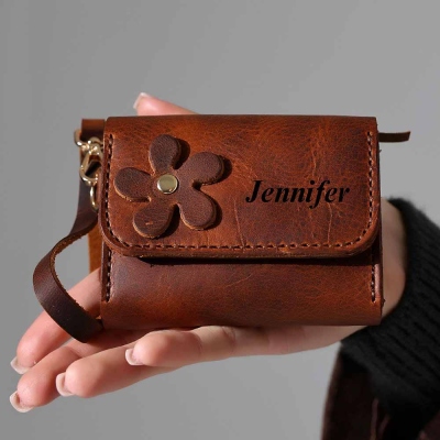 Personalized Women Leather Wallet with Flower, Custom Leather Wristlet Zippered Coin Pocket, Engraved Leather Money & Card Holder Gift Her