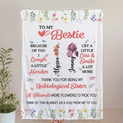 Personalized Names & Birth Flowers Bestie by My Side Blanket, Soft Flannel Bed Couch Throw, Friendship/Long Distance Gift for BFF/Best Friends/Sisters