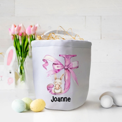 Custom Pink Bow Initial Bunny Bucket Bag with Name, Large Capacity Easter Canvas Goodie Bag, Easter Egg Hunt Basket Bag, Easter Gift for Kids/Girls