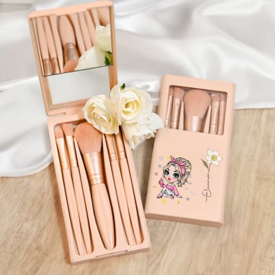 Personalized Birth Flower Fashion Girl Makeup Brush Box Set, Makeup Brush Organizer with Brushes & Mirror, Birthday Gifts for Woman/Girl/Her