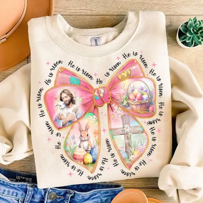 Custom Coquette Bow He Is Risen Shirt with Name, Retro Easter Bunny T-Shirt/Sweatshirt, Floral Spring, Easter Gift for Women/Girls