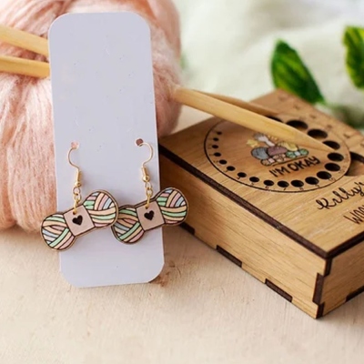 Custom Initial Knitters Wool Wooden Earrings, Quirky Earrings, Engraved Wooden Stud Earrings, Engraved Earrings, Gifts for Knitters