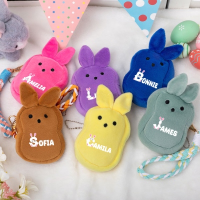 Custom Name Easter Bunny Keychain Wallet, Cartoon Bunny Coin Purse with Wristband, Bag Charm, Easter Basket Filler, Easter Gift for Kid/Boys/Girls