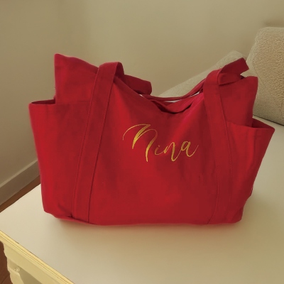 Custom Embroidered Canvas Tote Bag with Name, Large Capacity Handbag with Pockets, Travel Accessory, Birthday/Valentine's Day Gift for Women/Girls/Men