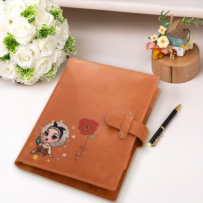 Personalized Fashion Girls Leather Notebook Cover with Birth Flower Design, Office Supplies Storage Organizer, Gift for Student/Officer Worker/Teacher