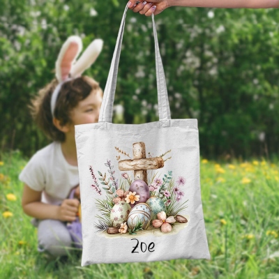 Personalized Cross Easter Eggs Canvas Tote Bag with Name, Large Capacity Easter Egg Hunt Bag with Handle, Easter Gift for Kids/Family/Boys/Girls