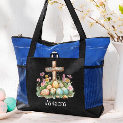 Personalized Name Cross Easter Eggs Tote Bag, Large Capacity Oxford Cloth Handbag with Mesh Pocket, Christian/Easter Gift for Her/Mom/Family/Women