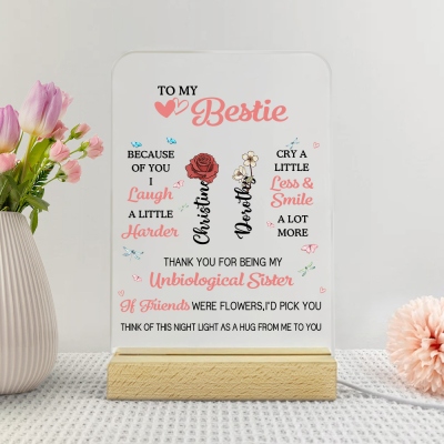 Custom Names & Birth Flowers Bestie by My Side Night Light, LED Night Lamp with Wooden Base, Home Decor, Long Distance Gift for BFF/Best Friends