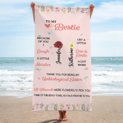 Custom to My Bestie Beach Towel with Names Birth Flowers, Quick Dry Microfiber Bath Towel, Pool Party Favor, Friendship/Vacation Gift for Best Friends