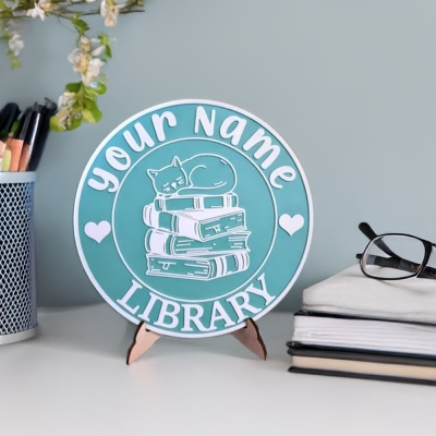 Personalized Name Library Sign, 3D Printed Bookshelf Sign with Stand, Bookish Decoration, Birthday Gift for Book Lover/Reader/Bookworms/Librarians