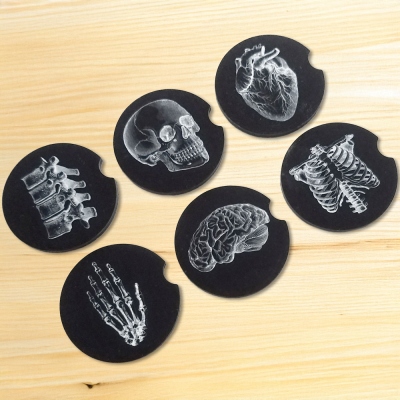 (Set of 2) Gothic Anatomy Theme Car Coasters, Mousepads/Hardboards/Sandstones Cup Holder, Car Accessories, New Car Gift for Friends/Medical Students