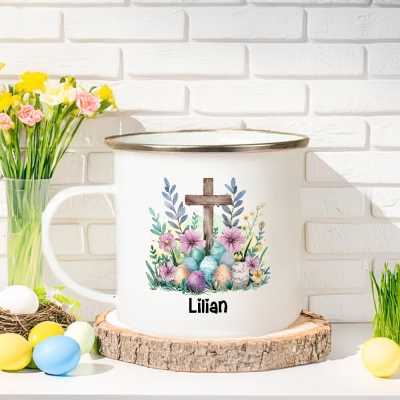 Custom Name Cross Easter Eggs Enamel Mug, 12oz Shatterproof Cup with Handle, Tin Camping Mug, Easter Party Favor, Easter Gift for Kids/Boys/Girls