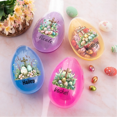 Personalized Floral Cross Fillable Jumbo Easter Egg with Name, Easter Egg Hunt Favor, Easter Basket Filler, Easter Gift for Kids/Teens/Boys/Girls