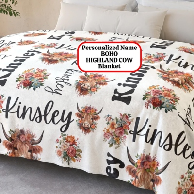 Custom Boho Highland Cow Blanket, Personalized Floral Bohemian Xmas Country Western Fleece Throw, Christmas Eve Box Gift Birthday Present