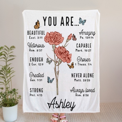 Personalized Name Birth Flower Bible Verse Blanket, Self Affirmation Flannel Bed Couch Throw, Home Decor, Birthday/Christmas Gift for Her/Mom/Women