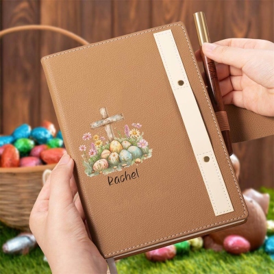 Personalized Name Cross Easter Eggs Prayer Leather Notebook with Wooden Pen, Bible Study Notebook, Gratitude Journal, Easter Gift for Christian Women