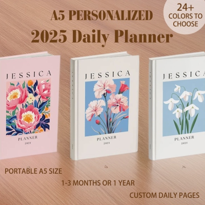 Personalized Name Floral Design Daily Planner 2025, Custom Notebook with Weekly & Monthly Planning Pages, Birthday/New Year Gift for Family/Friends