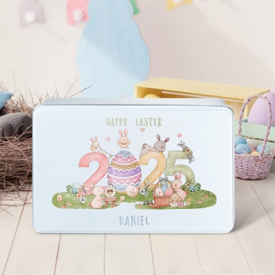 Custom Name Bunny Family Treat Tin with Lid, Happy Easter Tinplate Box Cookie Container, Easter Party Favor, Easter Gift for Kids/Teens/Boys/Girls