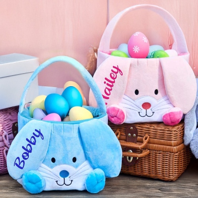 Custom Name Embroidered Bunny Easter Basket, Easter Egg Hunt Bucket Bag with Bunny Ears, Large Capacity Cotton Basket, Easter Gift for Kids/Boys/Girls