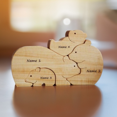 Personalized Wooden Bears Family Puzzle Sign with Name, Animal Puzzle Ornament, Nursery Decor, Mother's Day/Birthday/Anniversary Gift for Mom/Family