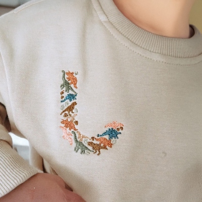 Personalized Embroidered Letter Dinosaur Sweatshirt, Custom Crewneck Sweatshirt with Kids Initial, Birthday Gift for Toddlers/Children/Boys/Girls