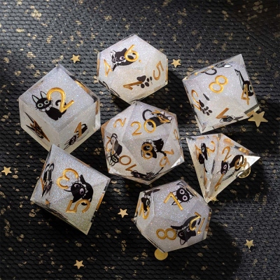DND Cute Cat Dice Set, Transparent Dice Set, Black Cat Dice Set, Resin Dice, Polyhedral Dice Set, Resin Sharp Edge Dice, White Dice, DND Dice Gift