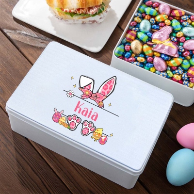 Personalized Name Cartoon Bunny & Eggs Treat Tin with Lid, Easter Tinplate Box Cookie Container, Easter Party Favor, Easter Gift for Kids/Boys/Girls