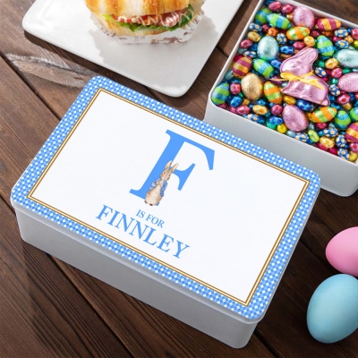 Personalized Name & Initial Cartoon Bunny Treat Tin with Lid, Easter Tinplate Candy Box Cookie Container, Easter Party Favor, Easter Gift for Kids