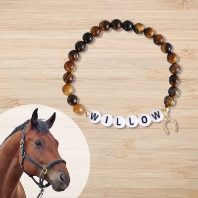 Braccialetto personalizzato con perline in pietra con nome del cavallo, braccialetto equestre a ferro di cavallo, gioielli western da donna, regalo commemorativo per animali domestici, fantastici regali per gli amanti dei cavalli