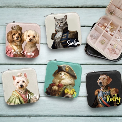 Personalized Pet Portrait Jewelry Box, Custom Travel Jewelry Case with Art Design Photo, Funny Cat Vintage Royal Paintings, Gifts for Dog Mom/Women