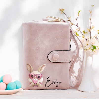 Personalized Name Bubble Bunny with Glasses Tri-Fold Wallet, PU Leather Card Holder with Wrist Strap, Travel Accessory, Easter Gift for Her/Mom/Women