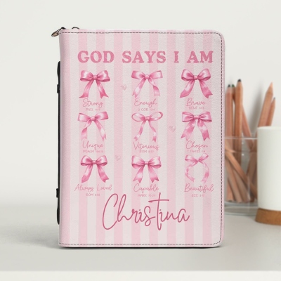 Personalized Coquette Bow Girly Pink Bible Book Cover with Name, PU Leather Bible Storage Case, Birthday/Baptism/Christmas Gift for Christian Women