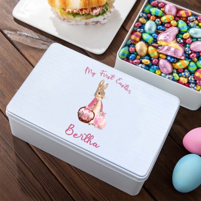 Personalized Name Floral Bunny Treat Tin Box with Lid, Easter Candy Cookie Box Tinplate Container, Easter Party Favor, Easter Gift for Kids/Boys/Girls