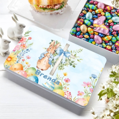 Custom Name Bunny & Bow Cross Treat Tin Box with Lid, Easter Candy Cookie Box Tinplate Container, Easter Party Favor, Easter Gift for Kids/Boys/Girls