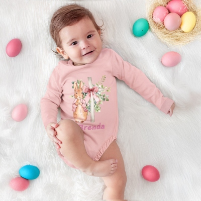 Personalized Name Bunny & Bow Cross Baby Bodysuit, 100% Cotton Long Sleeve Baby Onesie, Easter Outfit, Baby Shower/Easter Gift for Newborns/Infants