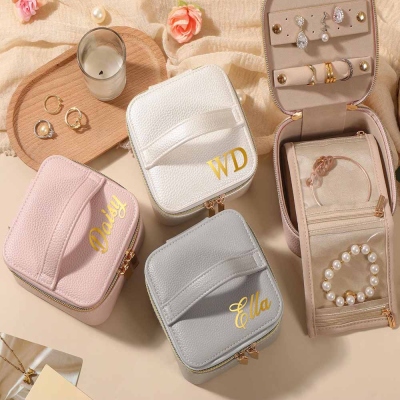 Personalized Leather Jewelry Box, Name Travel Jewelry Case, Bridesmaid Proposal, Custom Bridal Party Gift, Wedding Favor, Valentines Day Gifts