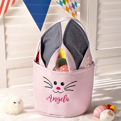 Personalized Name Embroidered Easter Basket, Easter Egg Hunt Bucket Bag with Bunny Ears, Birthday Party Favor, Easter Gift for Kids/Boys/Girls