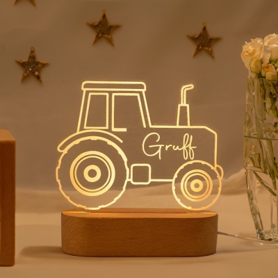 Personalized Tractor Design LED Night Lamp, Digger Night Light with Wooden Base, Nursery Decor, Baby Shower/Birthday Gift for Newborns/Infants/Kids