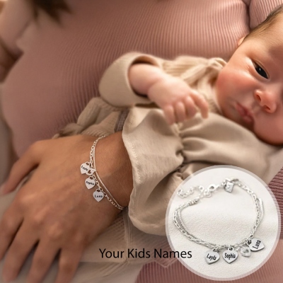 Custom Name Bracelet with 1-6 Heart Charms, Double Chain Bracelet, Family Jewelry, Mother's Day/Anniversary/Birthday Gift for Mom/Grandma/Family/Her