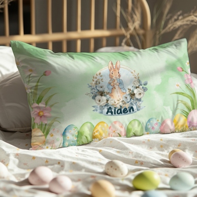 Personalized Name Floral Cross Peter Rabbit Pillowcase, Cute Easter Eggs Bunny Pillow Cover, Home Decor, Easter/Birthday/Baby Shower Gift for Kids