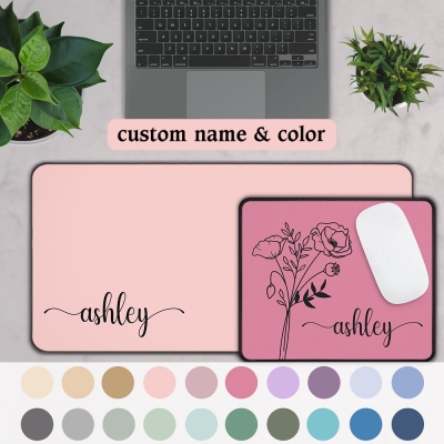 Personalized Handwriting Name Desk Mat with Birth Flower, Solid Color Computer Laptop Mouse Pad, Office Accessory, Gifts for Friends/Colleagues