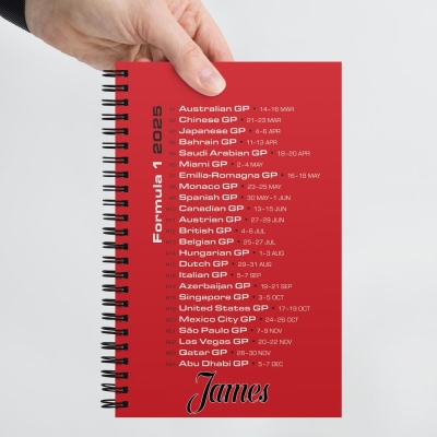 Custom Name F1 Schedule Spiral Notebook, 2025 Races on Cover, Blank Dot Ruled Pages, Grand Prix at a Glance