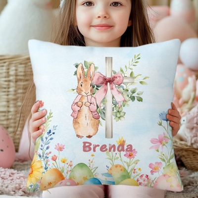 Personalized Peter Rabbit and Cross Pillowcase with Name, Easter Pillow Cover with Optional Insert, Home Decor, Birthday/Easter Gift for Kids/Family